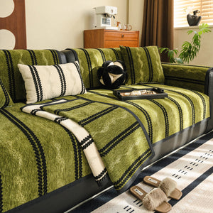Non-Slip Sofa Cover with Thick Chenille Texture Woven Stripe Couch Protector Throw