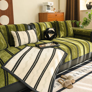 Non-Slip Sofa Cover with Thick Chenille Texture Woven Stripe Couch Protector Throw