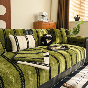 Non-Slip Sofa Cover with Thick Chenille Texture Woven Stripe Couch Protector Throw