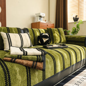 Non-Slip Sofa Cover with Thick Chenille Texture Woven Stripe Couch Protector Throw