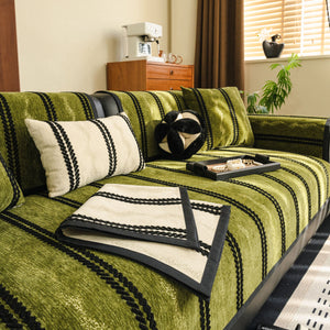 Non-Slip Sofa Cover with Thick Chenille Texture Woven Stripe Couch Protector Throw