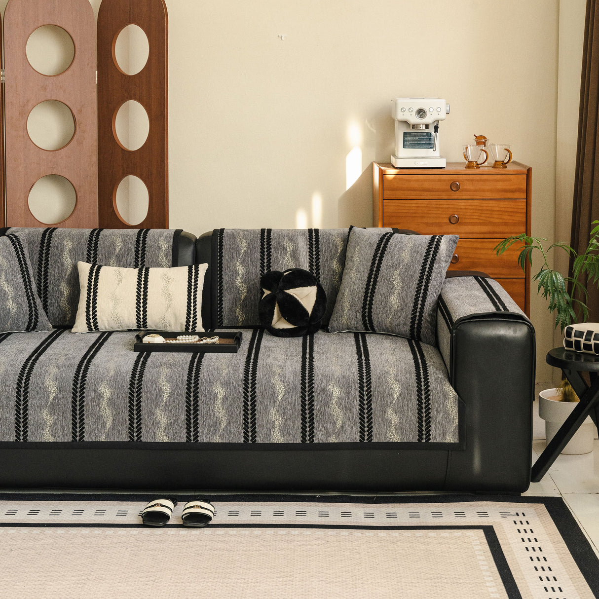 Non-Slip Sofa Cover with Thick Chenille Texture Woven Stripe Couch Protector Throw