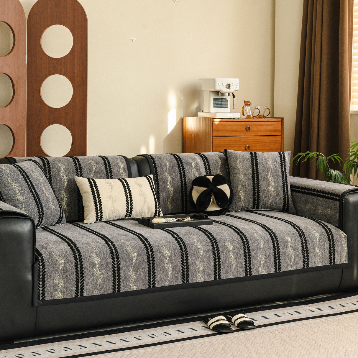 Non-Slip Sofa Cover with Thick Chenille Texture Woven Stripe Couch Protector Throw