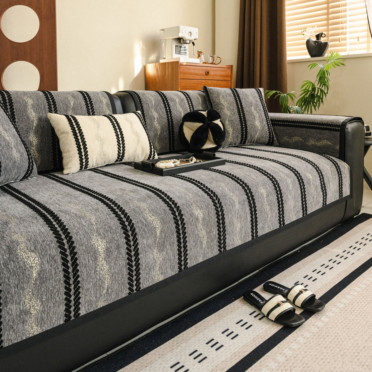 Non-Slip Sofa Cover with Thick Chenille Texture Woven Stripe Couch Protector Throw