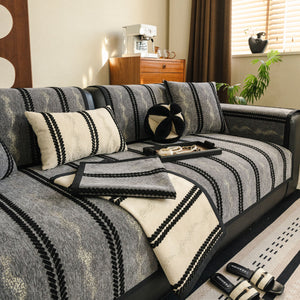Non-Slip Sofa Cover with Thick Chenille Texture Woven Stripe Couch Protector Throw