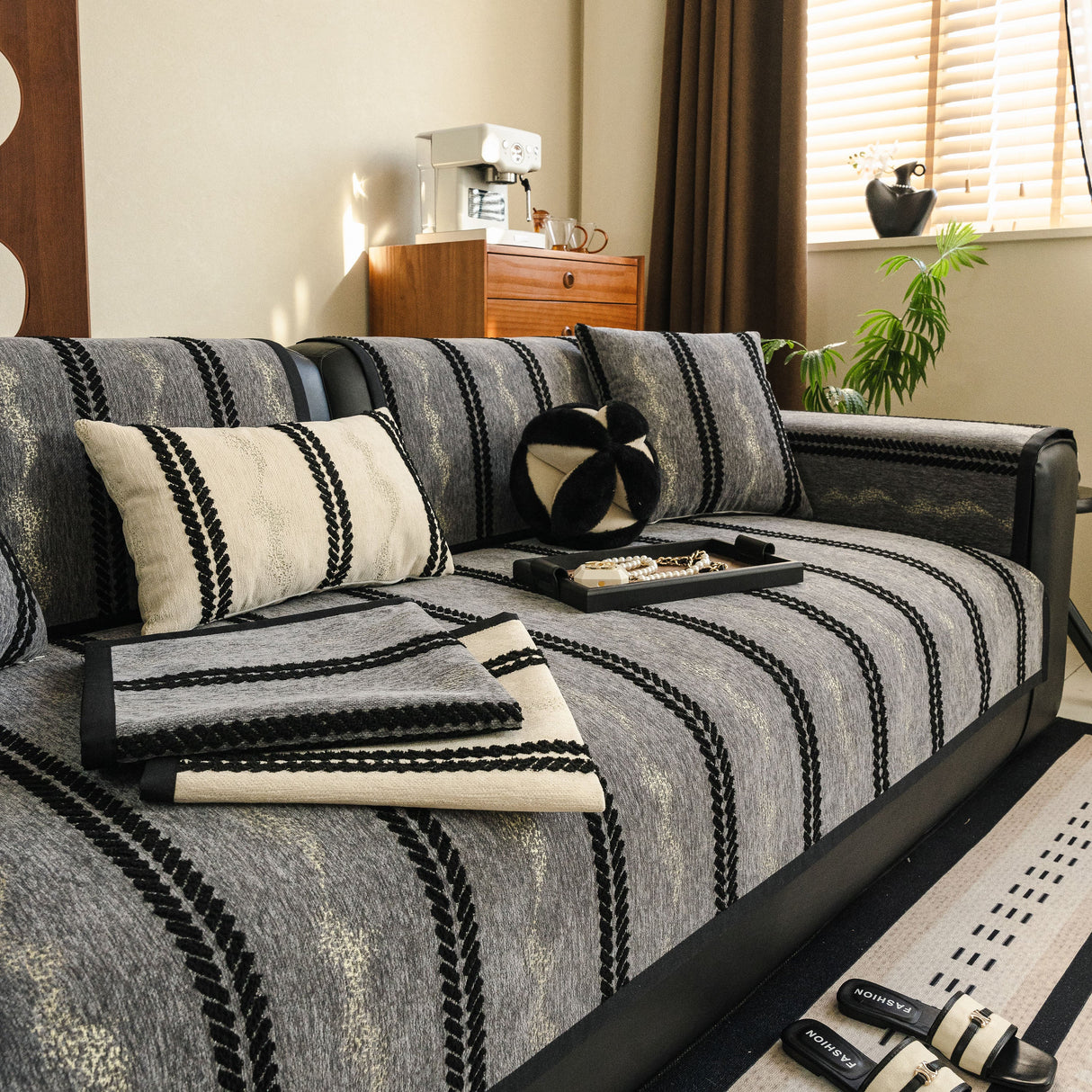 Non-Slip Sofa Cover with Thick Chenille Texture Woven Stripe Couch Protector Throw