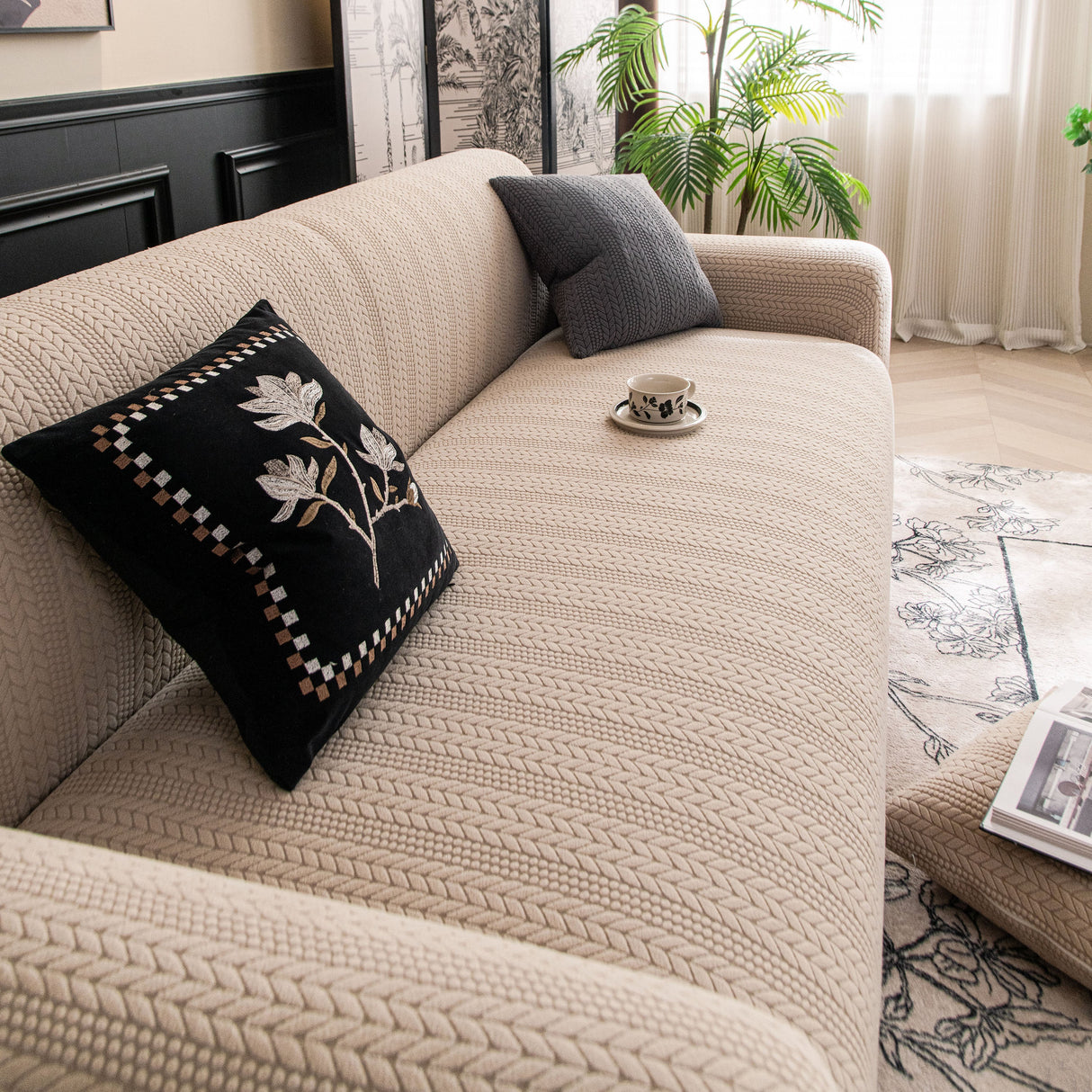 High Stretch Wheat Ear Embossed Textured Couch Slipcover, Water Repellent Sofa Cover