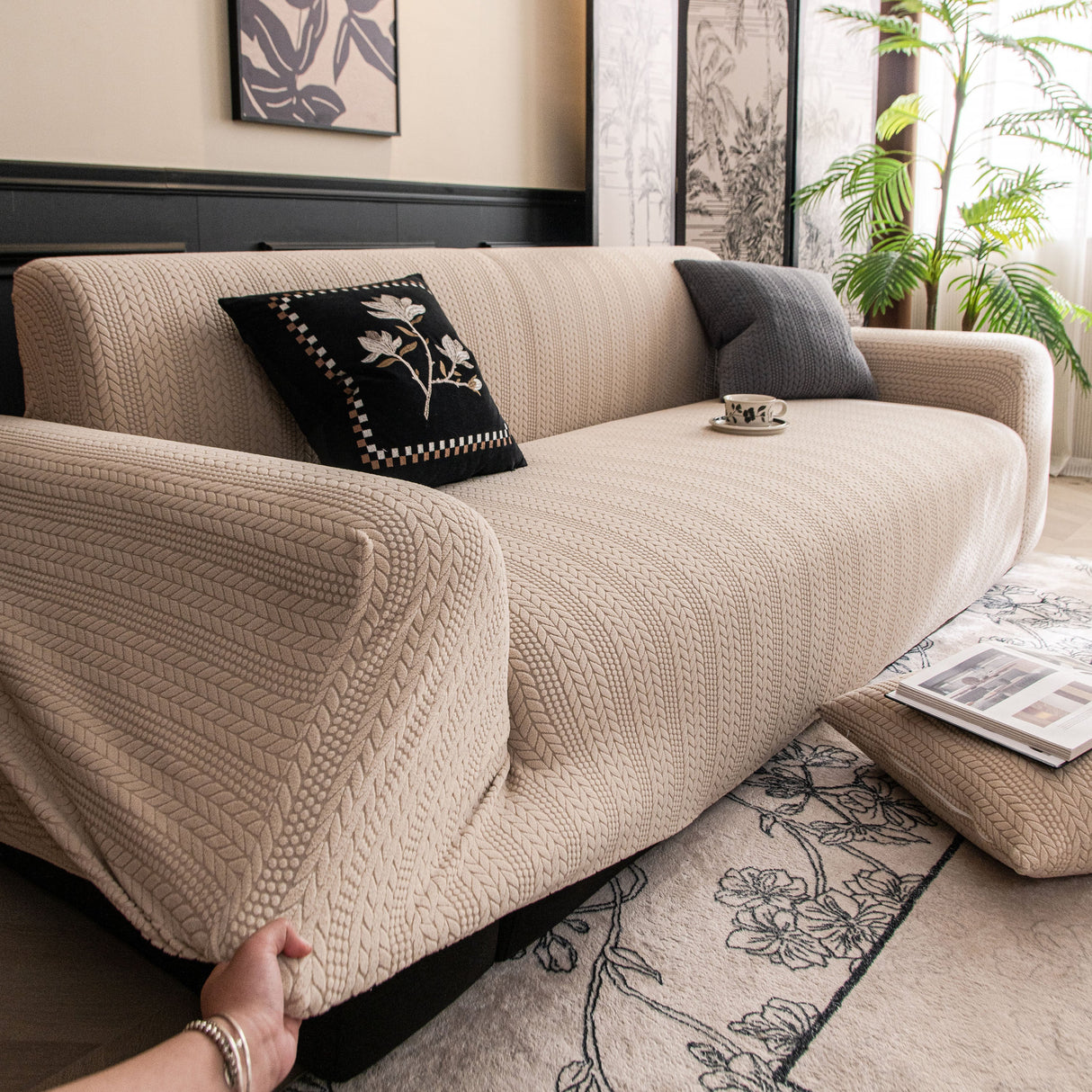 High Stretch Wheat Ear Embossed Textured Couch Slipcover, Water Repellent Sofa Cover