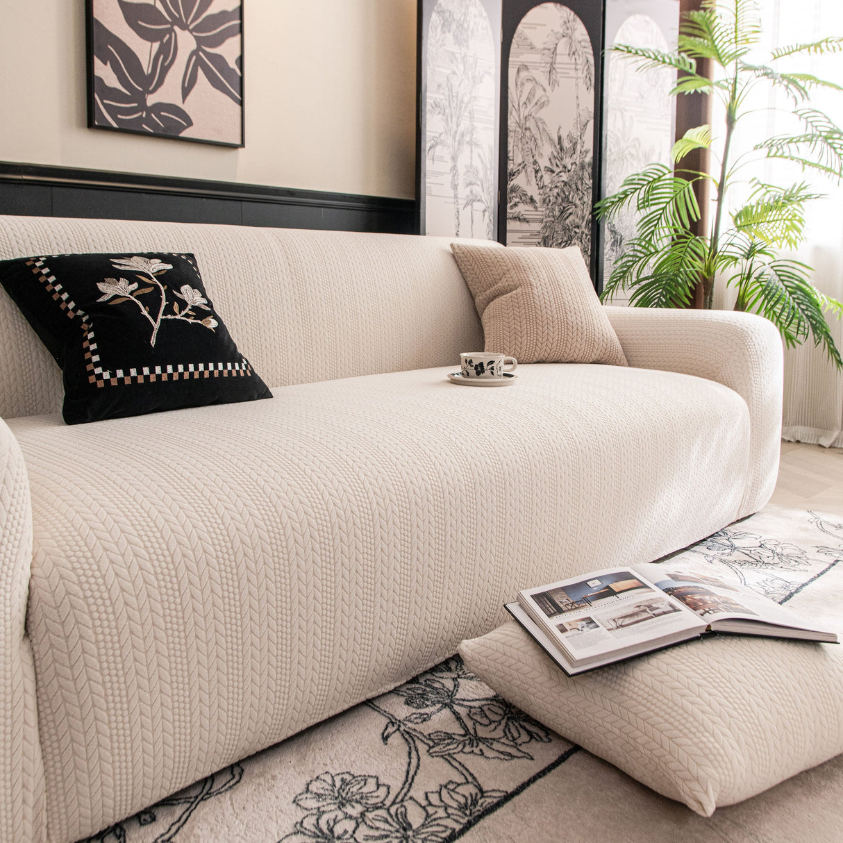 High Stretch Wheat Ear Embossed Textured Couch Slipcover, Water Repellent Sofa Cover