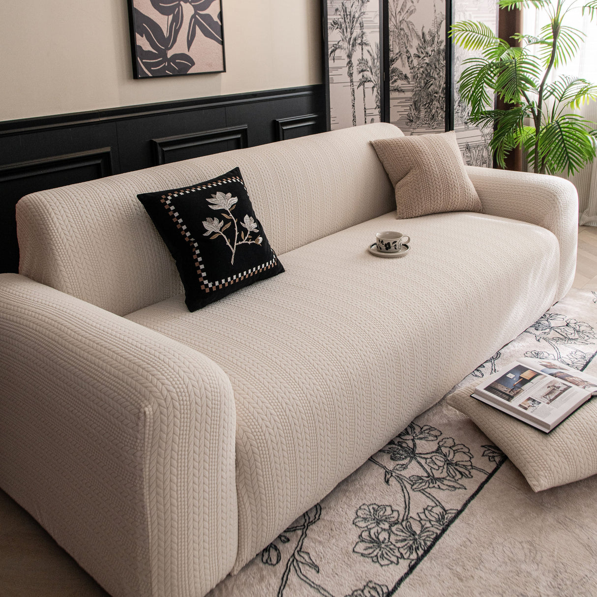 High Stretch Wheat Ear Embossed Textured Couch Slipcover, Water Repellent Sofa Cover