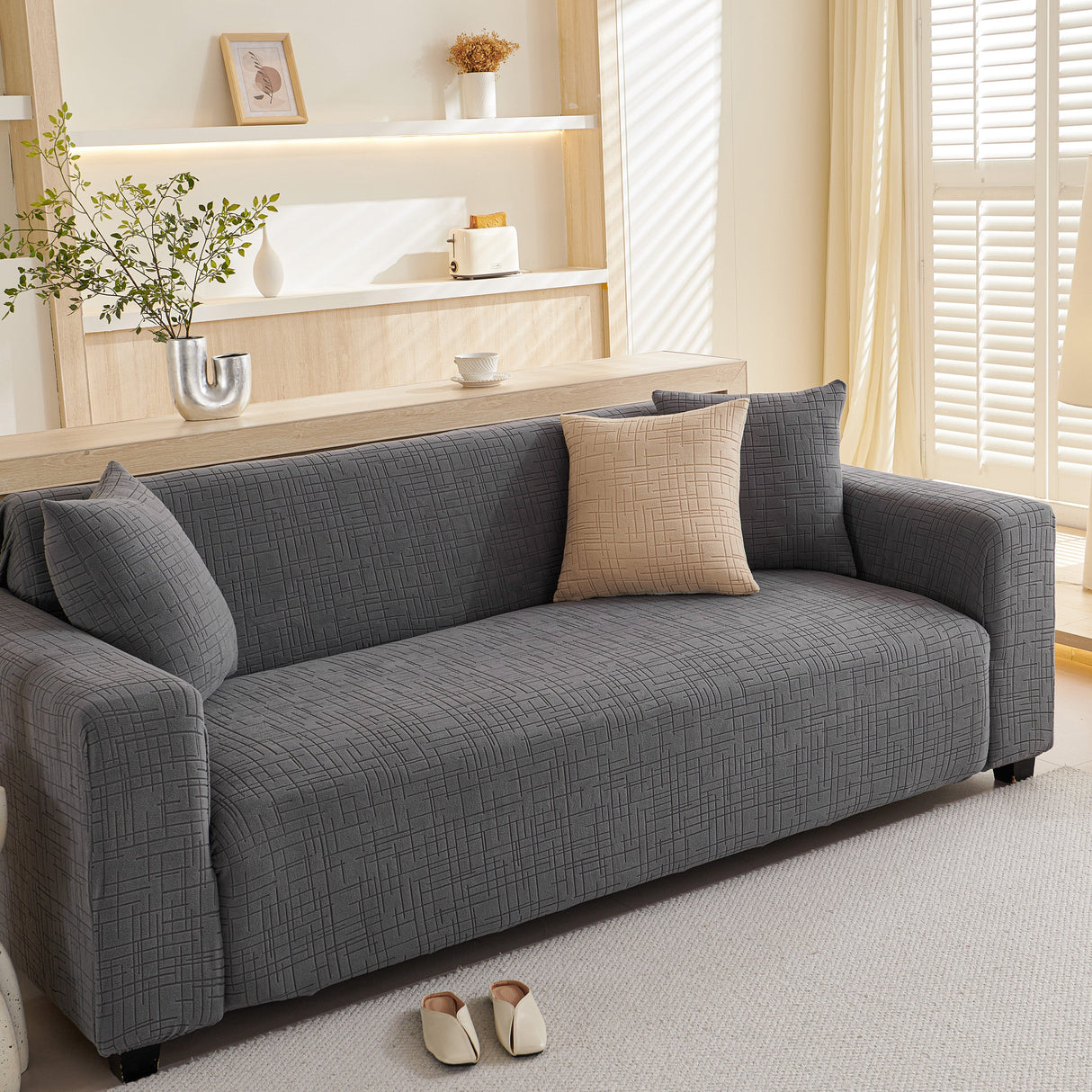 Embossed Lines Couch Covers Stretchable Non-Slip & Washable Sofa Slipcovers