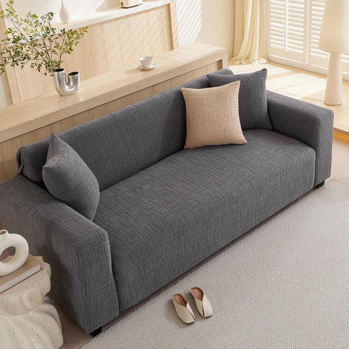 Embossed Lines Couch Covers Stretchable Non-Slip & Washable Sofa Slipcovers