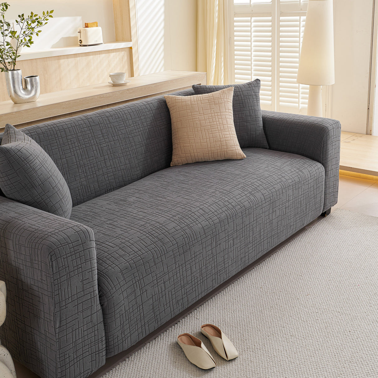Embossed Lines Couch Covers Stretchable Non-Slip & Washable Sofa Slipcovers