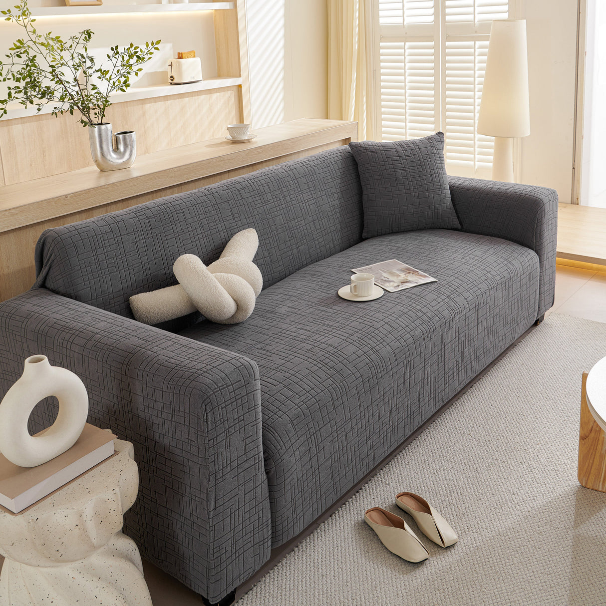 Embossed Lines Couch Covers Stretchable Non-Slip & Washable Sofa Slipcovers