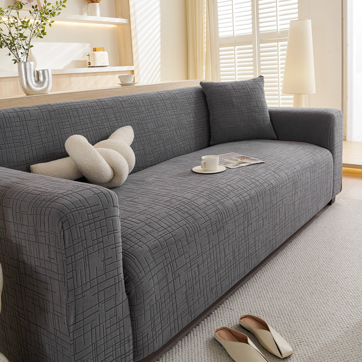 Embossed Lines Couch Covers Stretchable Non-Slip & Washable Sofa Slipcovers
