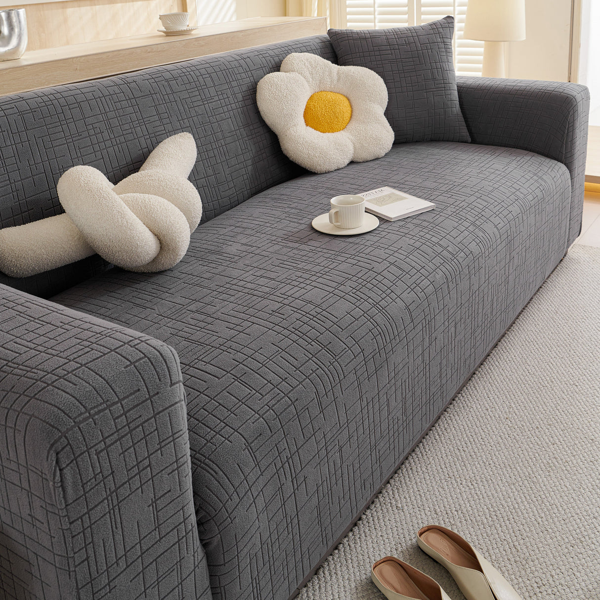 Embossed Lines Couch Covers Stretchable Non-Slip & Washable Sofa Slipcovers