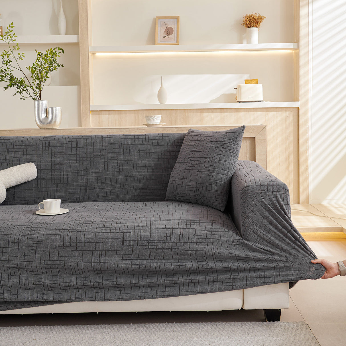 Embossed Lines Couch Covers Stretchable Non-Slip & Washable Sofa Slipcovers