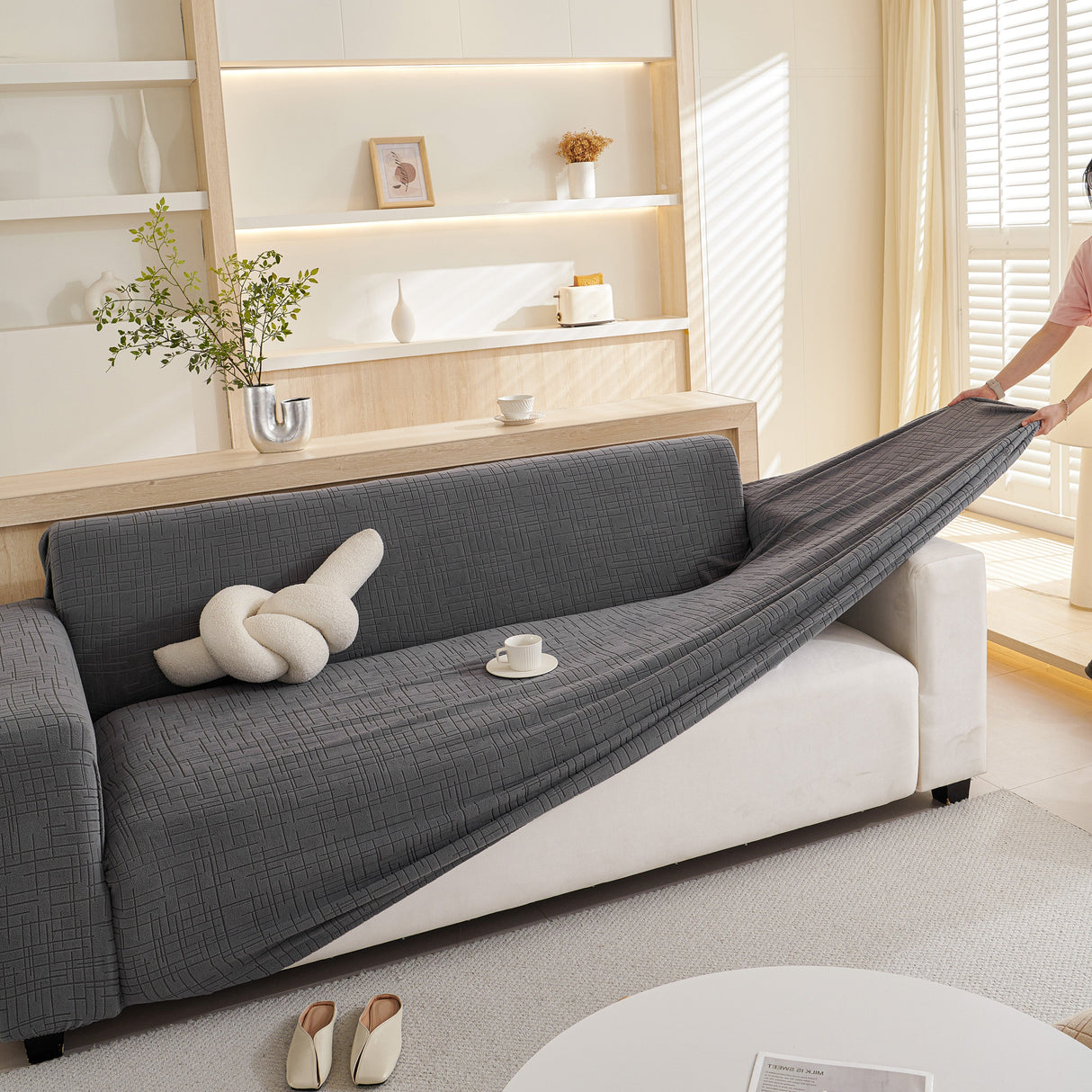 Embossed Lines Couch Covers Stretchable Non-Slip & Washable Sofa Slipcovers