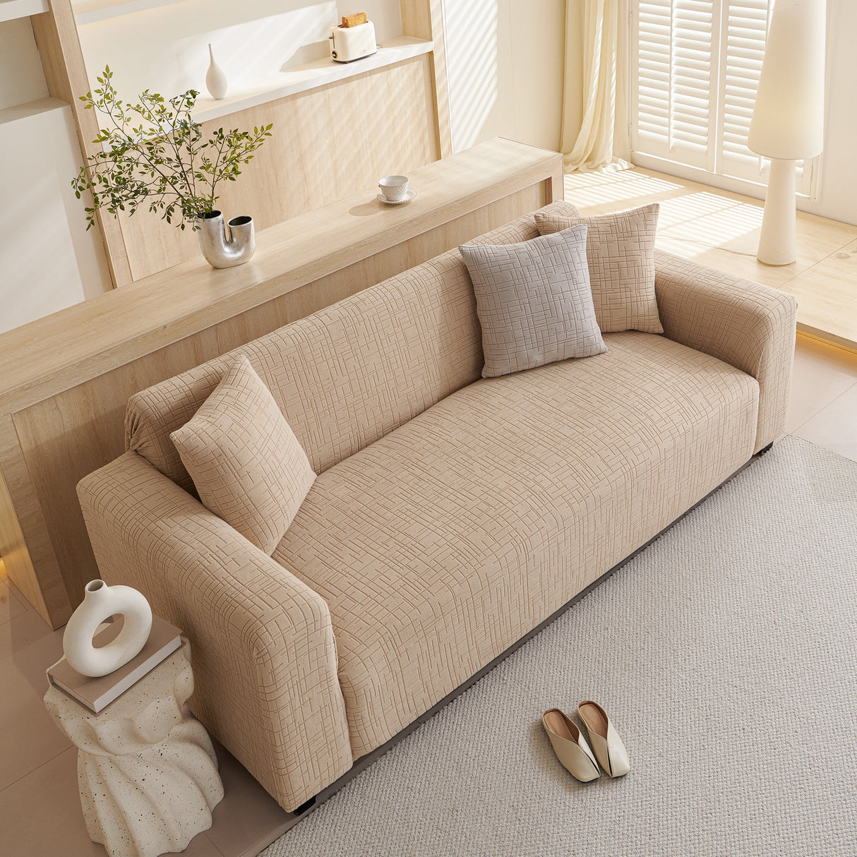 Embossed Lines Couch Covers Stretchable Non-Slip & Washable Sofa Slipcovers