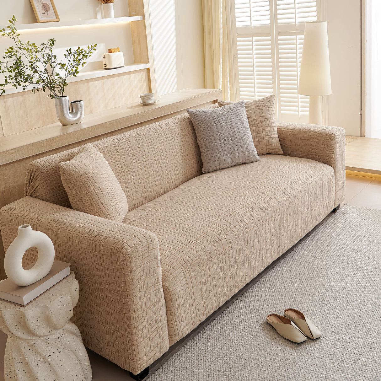 Embossed Lines Couch Covers Stretchable Non-Slip & Washable Sofa Slipcovers