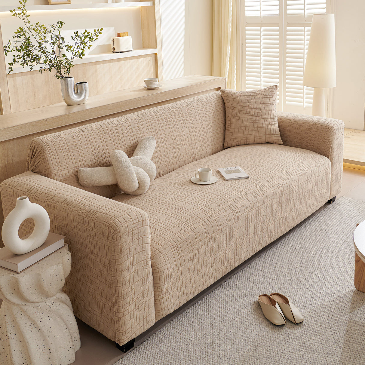 Embossed Lines Couch Covers Stretchable Non-Slip & Washable Sofa Slipcovers
