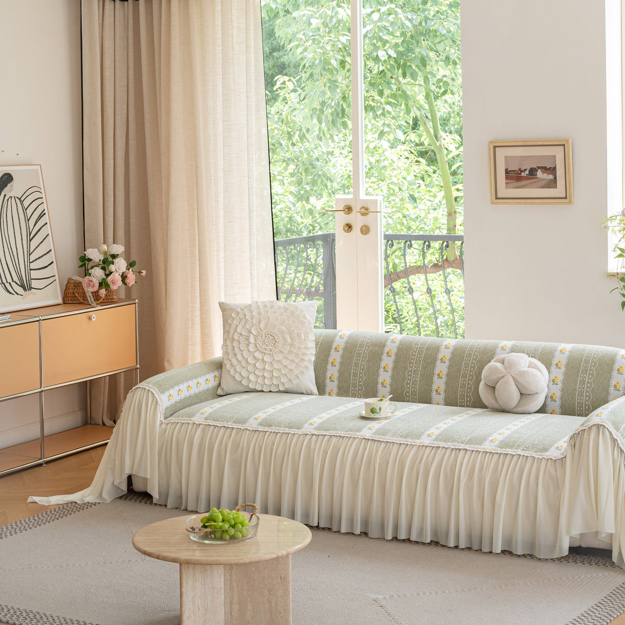 Daisy Striped Sofa Cover with Sheer Ruffle Skirt, Floral Soft Slipcover Blanket