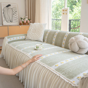 Daisy Striped Sofa Cover with Sheer Ruffle Skirt, Floral Soft Slipcover Blanket