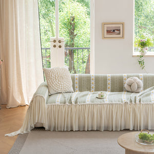 Daisy Striped Sofa Cover with Sheer Ruffle Skirt, Floral Soft Slipcover Blanket