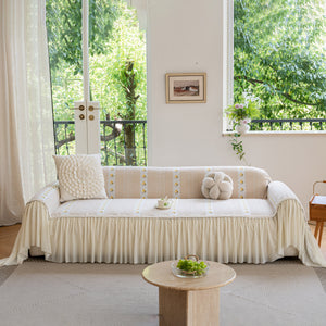 Daisy Striped Sofa Cover with Sheer Ruffle Skirt, Floral Soft Slipcover Blanket