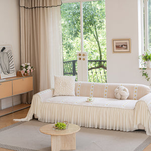 Daisy Striped Sofa Cover with Sheer Ruffle Skirt, Floral Soft Slipcover Blanket