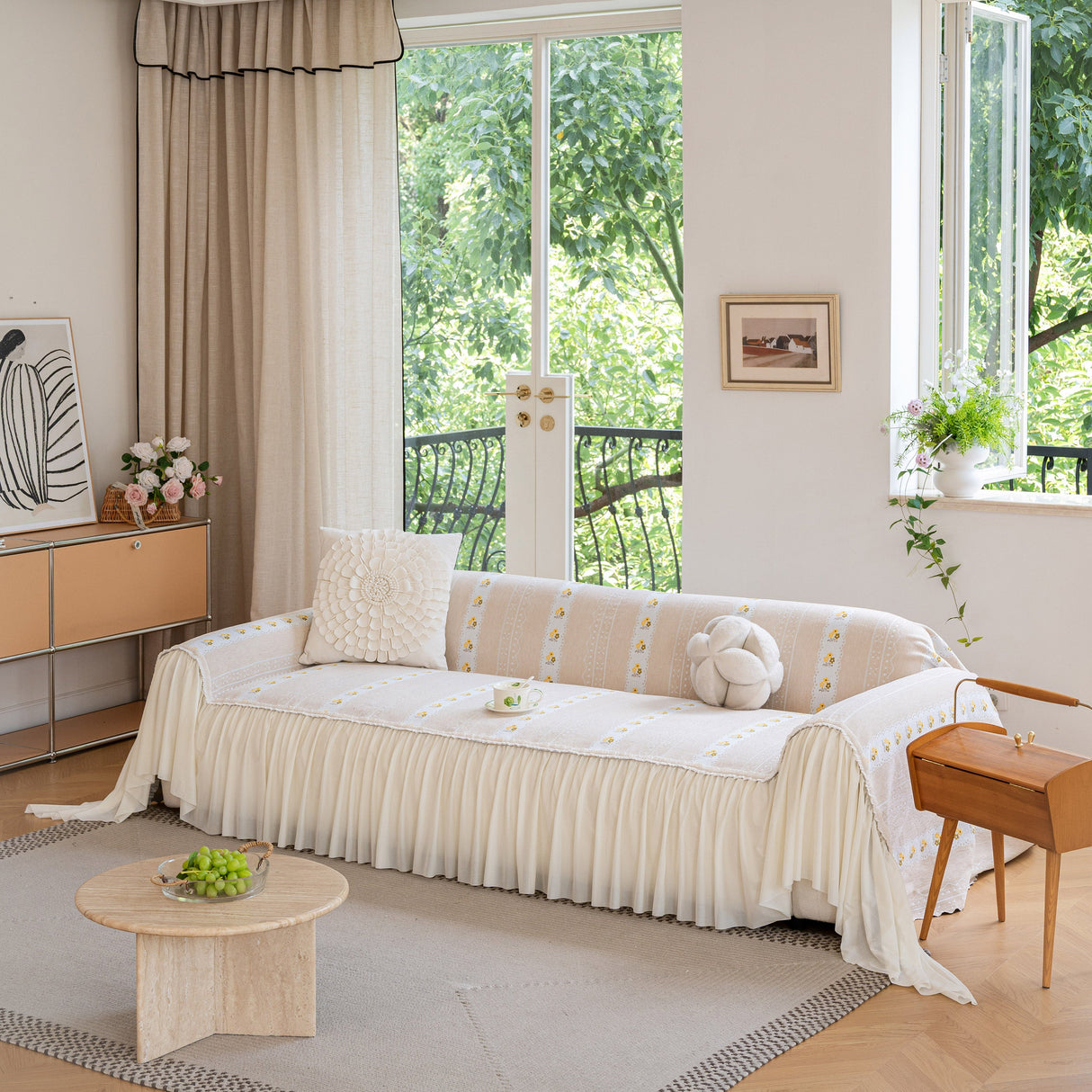 Daisy Striped Sofa Cover with Sheer Ruffle Skirt, Floral Soft Slipcover Blanket