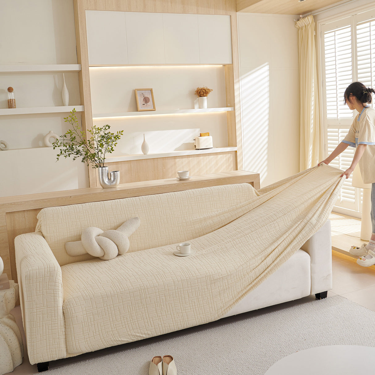 Embossed Lines Couch Covers Stretchable Non-Slip & Washable Sofa Slipcovers