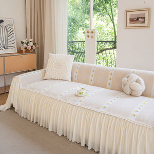 Daisy Striped Sofa Cover with Sheer Ruffle Skirt, Floral Soft Slipcover Blanket