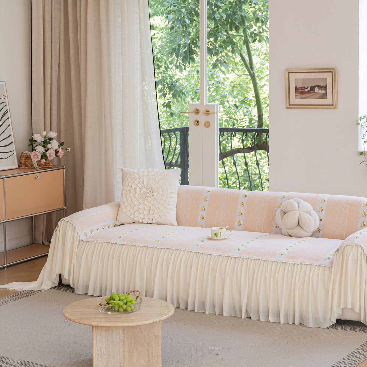 Daisy Striped Sofa Cover with Sheer Ruffle Skirt, Floral Soft Slipcover Blanket