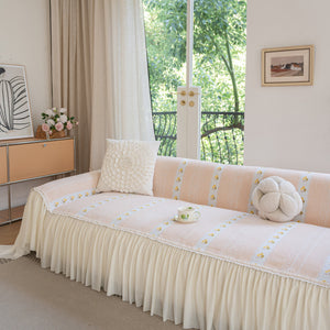 Daisy Striped Sofa Cover with Sheer Ruffle Skirt, Floral Soft Slipcover Blanket