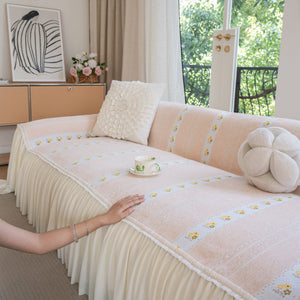 Daisy Striped Sofa Cover with Sheer Ruffle Skirt, Floral Soft Slipcover Blanket