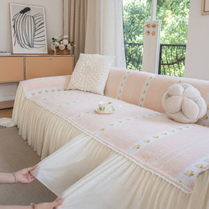 Daisy Striped Sofa Cover with Sheer Ruffle Skirt, Floral Soft Slipcover Blanket