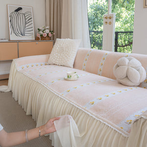 Daisy Striped Sofa Cover with Sheer Ruffle Skirt, Floral Soft Slipcover Blanket