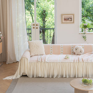 Daisy Striped Sofa Cover with Sheer Ruffle Skirt, Floral Soft Slipcover Blanket