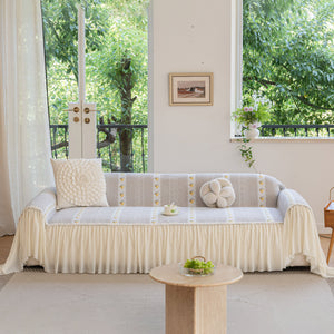 Daisy Striped Sofa Cover with Sheer Ruffle Skirt, Floral Soft Slipcover Blanket