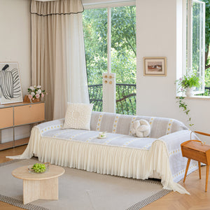 Daisy Striped Sofa Cover with Sheer Ruffle Skirt, Floral Soft Slipcover Blanket