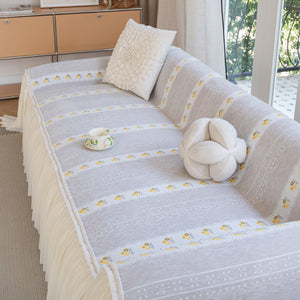 Daisy Striped Sofa Cover with Sheer Ruffle Skirt, Floral Soft Slipcover Blanket
