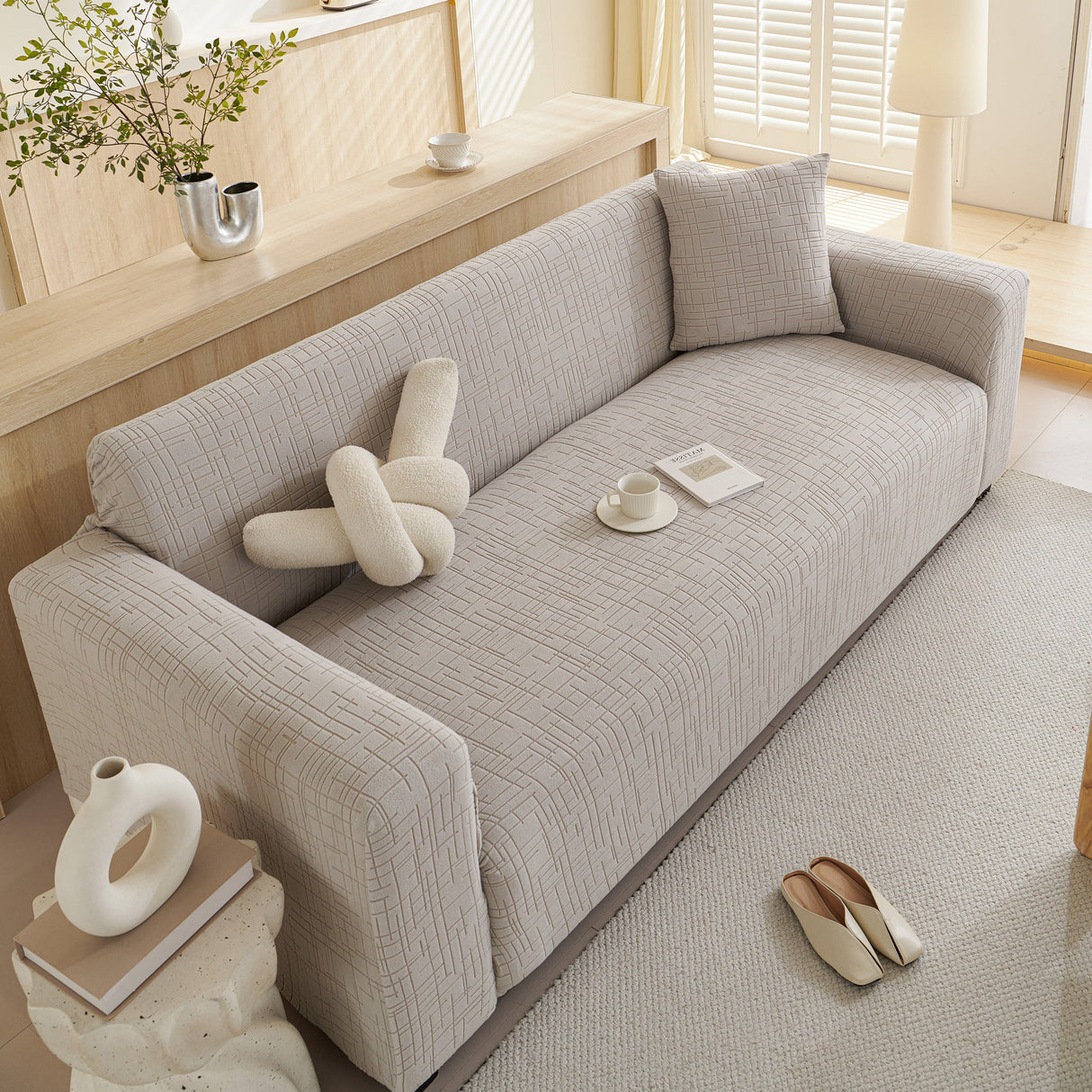 Embossed Lines Couch Covers Stretchable Non-Slip & Washable Sofa Slipcovers