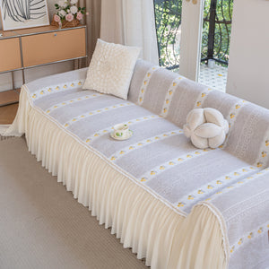 Daisy Striped Sofa Cover with Sheer Ruffle Skirt, Floral Soft Slipcover Blanket