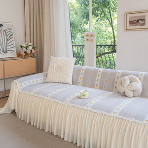 Daisy Striped Sofa Cover with Sheer Ruffle Skirt, Floral Soft Slipcover Blanket