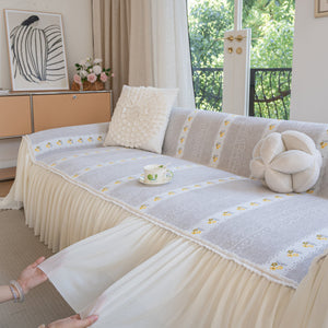 Daisy Striped Sofa Cover with Sheer Ruffle Skirt, Floral Soft Slipcover Blanket