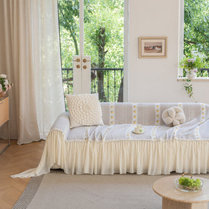 Daisy Striped Sofa Cover with Sheer Ruffle Skirt, Floral Soft Slipcover Blanket