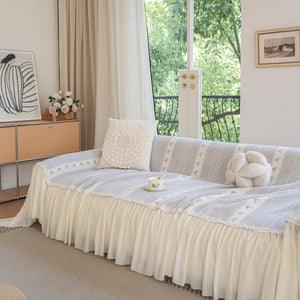 Daisy Striped Sofa Cover with Sheer Ruffle Skirt, Floral Soft Slipcover Blanket