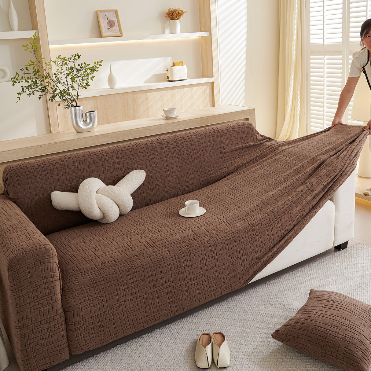 Embossed Lines Couch Covers Stretchable Non-Slip & Washable Sofa Slipcovers