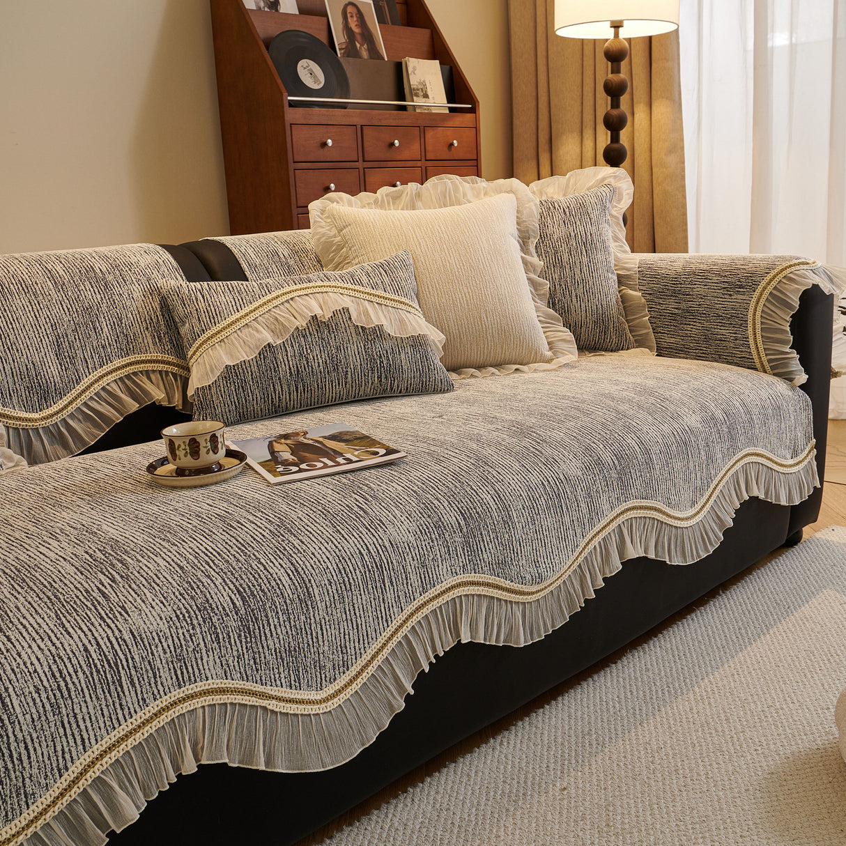 French Vintage Style Couch Cover with Skirt,  Non-Slip Sectional Furniture Covers